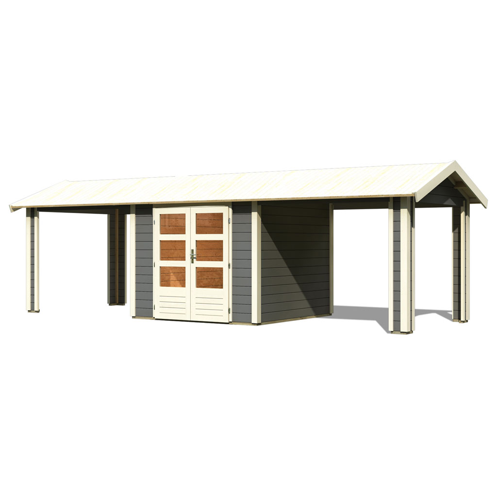 Karibu 28 mm Gartenhaus Theres 3 terragrau mit 2 Schleppdächer
