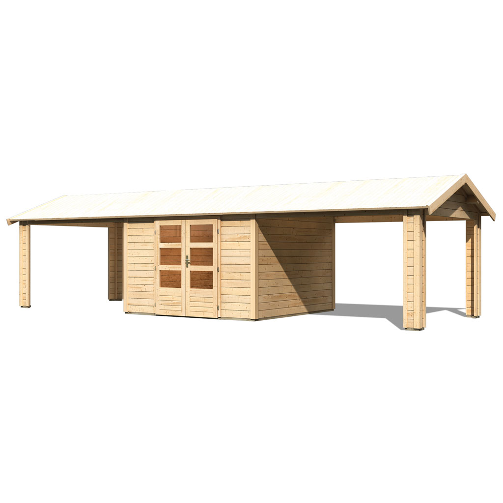 Karibu 28 mm Gartenhaus Theres 7 naturbelassen mit 2 Schleppdächer