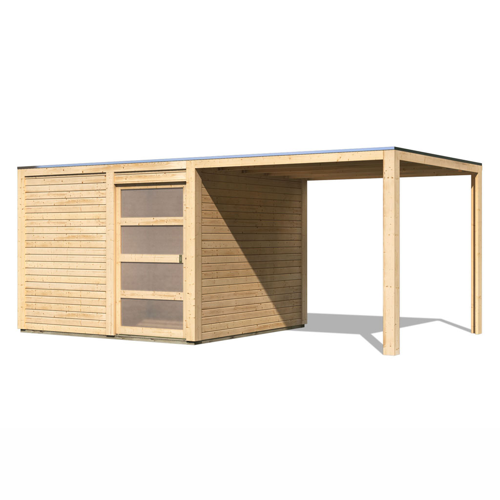 Karibu Gartenhaus Qubic 2 naturbelassen inkl. Anbaudach
