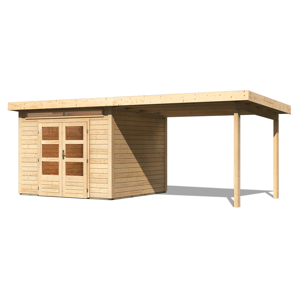 Karibu 28 mm Gartenhaus Kandern 6 naturbelassen mit 320 cm Anbaudach