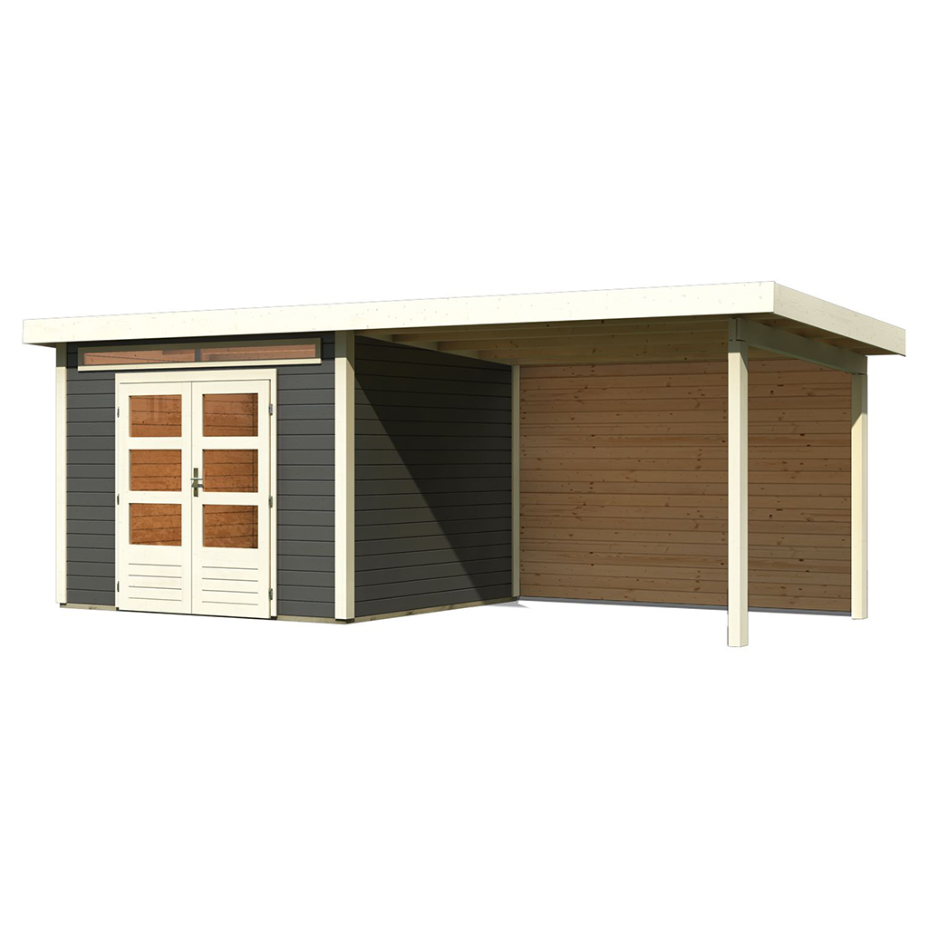 Karibu 28 mm Gartenhaus Kandern 6 terragrau mit 320 cm Anbaudach und Rückwand
