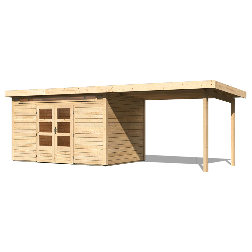 Karibu 28 mm Gartenhaus Kandern 7 naturbelassen mit 320 cm Anbaudach