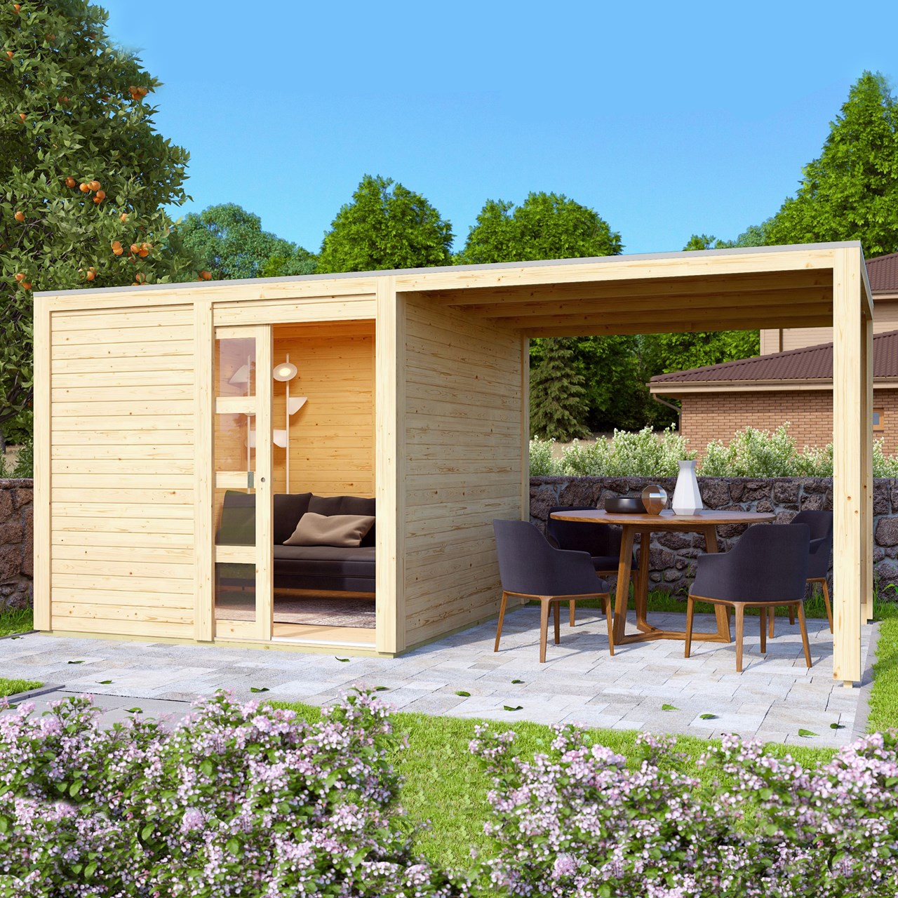 Karibu Gartenhaus Qubic 1 inkl. Anbaudach naturbelassen