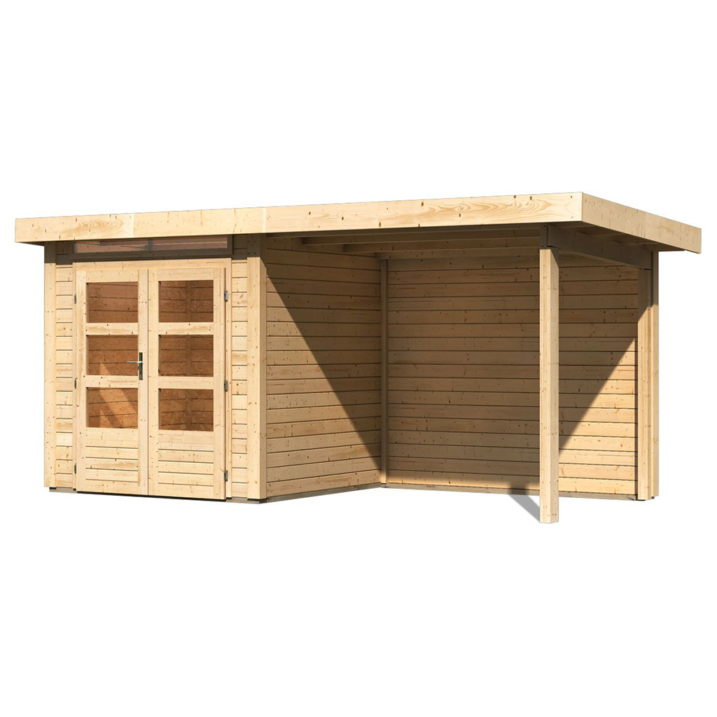 Karibu 28 mm Gartenhaus Kandern 1 naturbelassen mit 235 cm Anbaudach