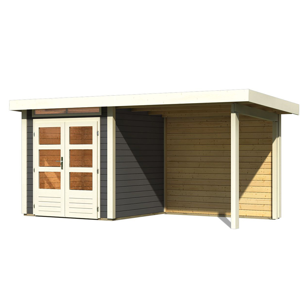Karibu 28 mm Gartenhaus Kandern 1 terragrau mit 235 cm Anbaudach