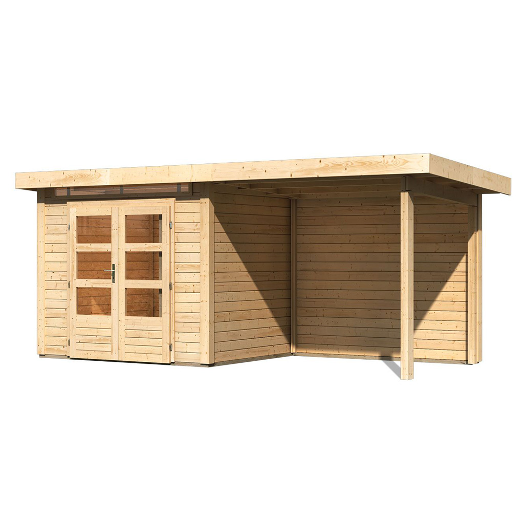 Karibu 28 mm Gartenhaus Kandern 2 naturbelassen mit 235 cm Anbaudach