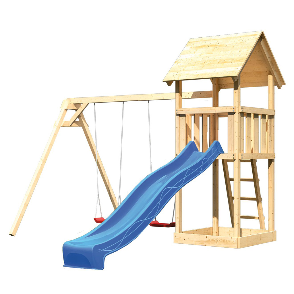 Karibu Spielturm Lotti mit Rutsche und Doppelschaukelanbau