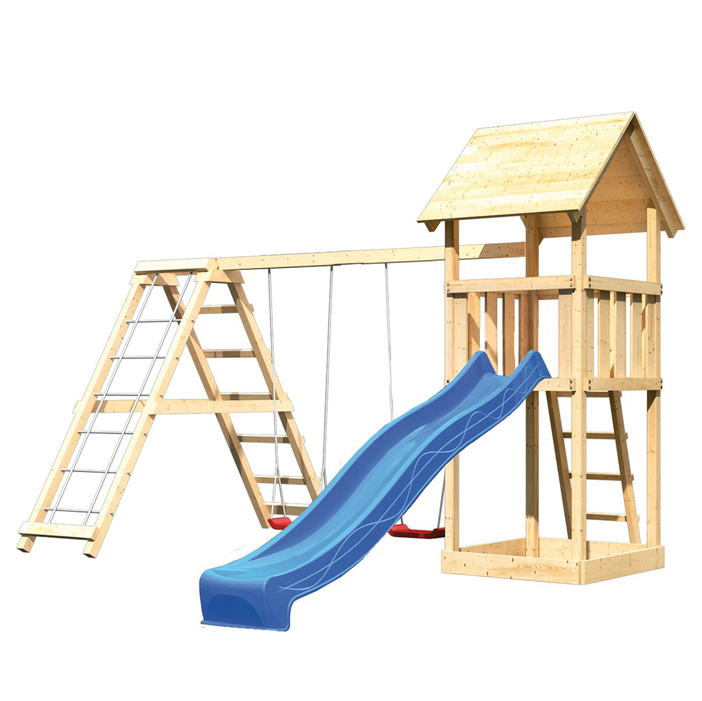 Karibu Spielturm Lotti mit Rutsche, Doppelschaukelanbau und Klettergerüst