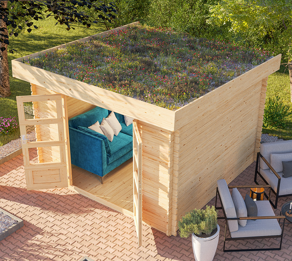 Karibu 28 mm Blockbohlen Gründachhaus Flora 5