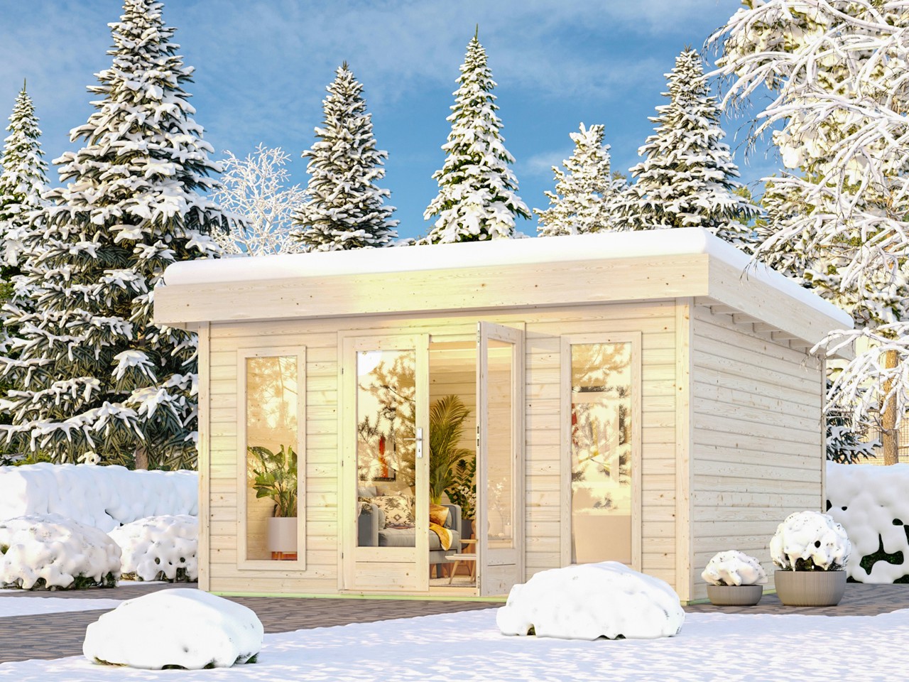 Karibu Gartenhaus North mit hoher Schneelast