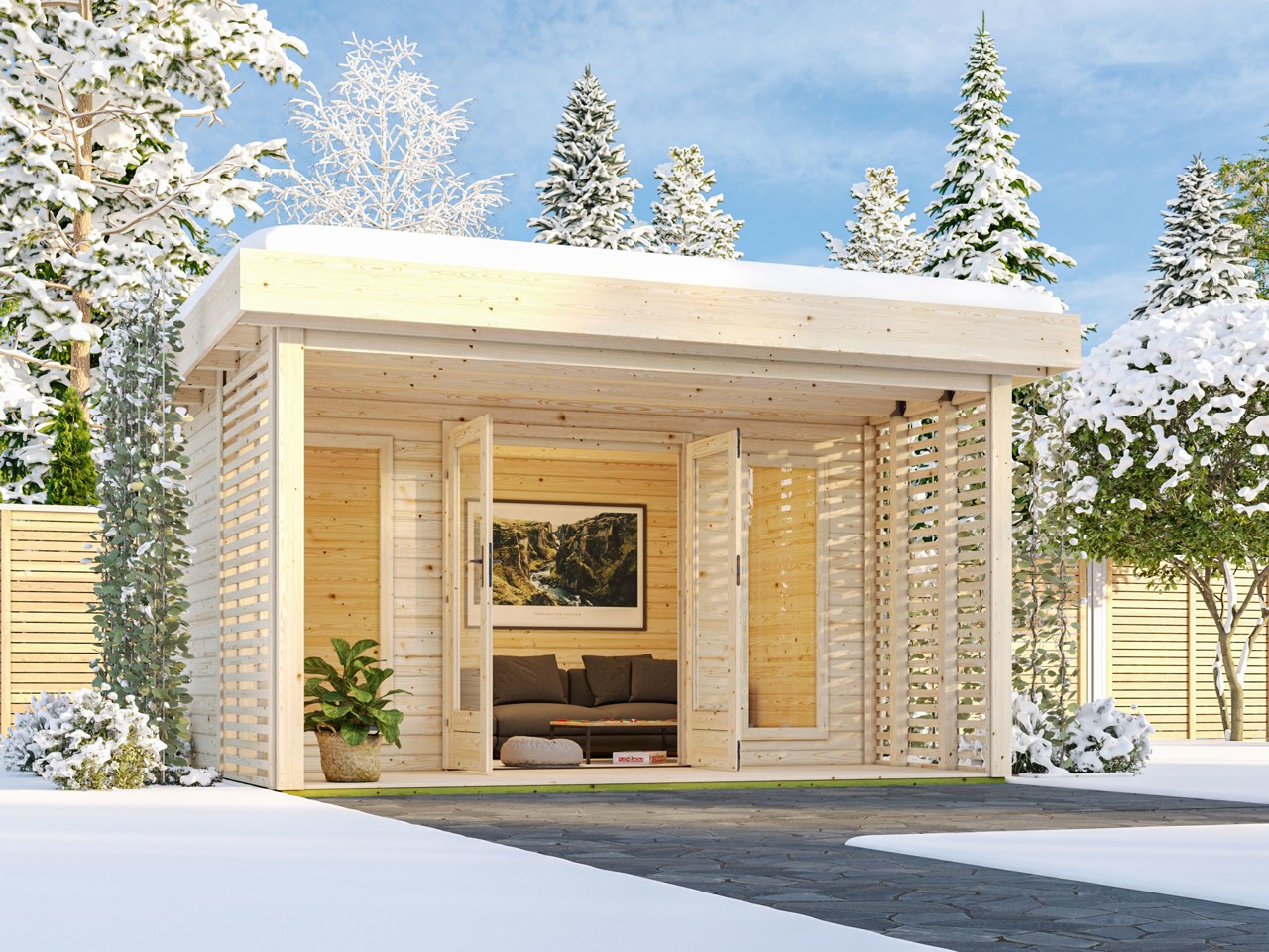 Karibu Gartenhaus Chione mit hoher Schneelast