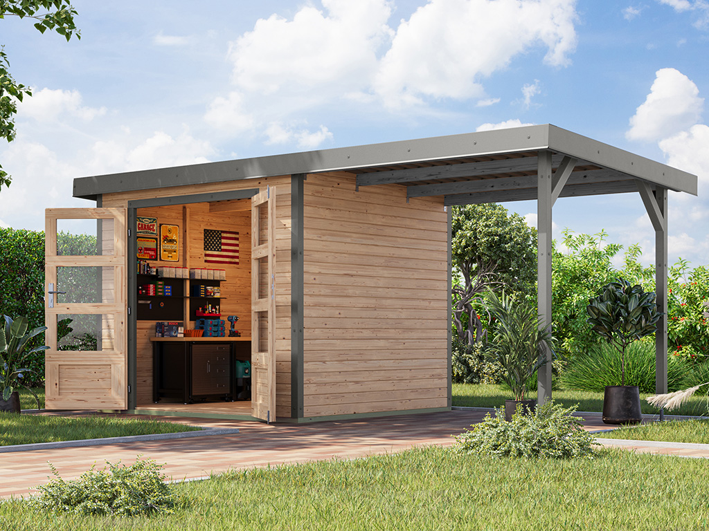 Karibu 19 mm Hybrid Gartenhaus Jupiter 3 mit Anbaudach