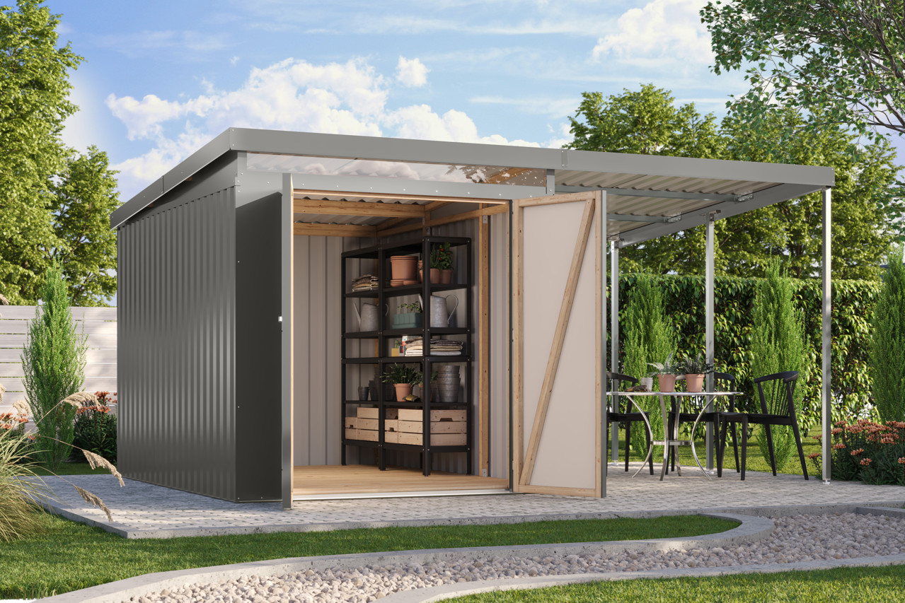 Karibu Metall Gerätehaus Iridium 2,5 graualuminium mit Anbaudach