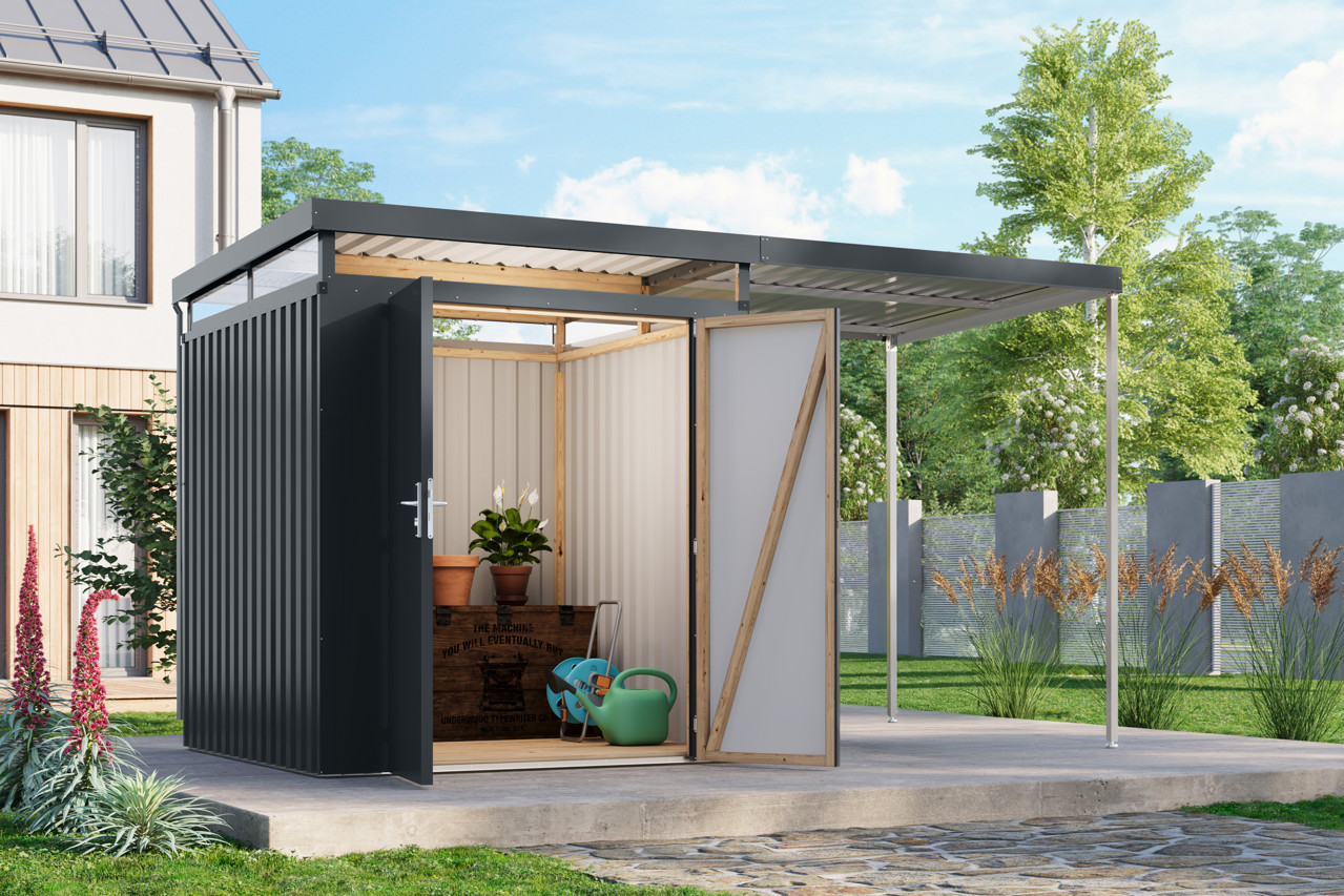 Karibu Metall Gerätehaus Aurum 2 anthrazit mit Anbaudach