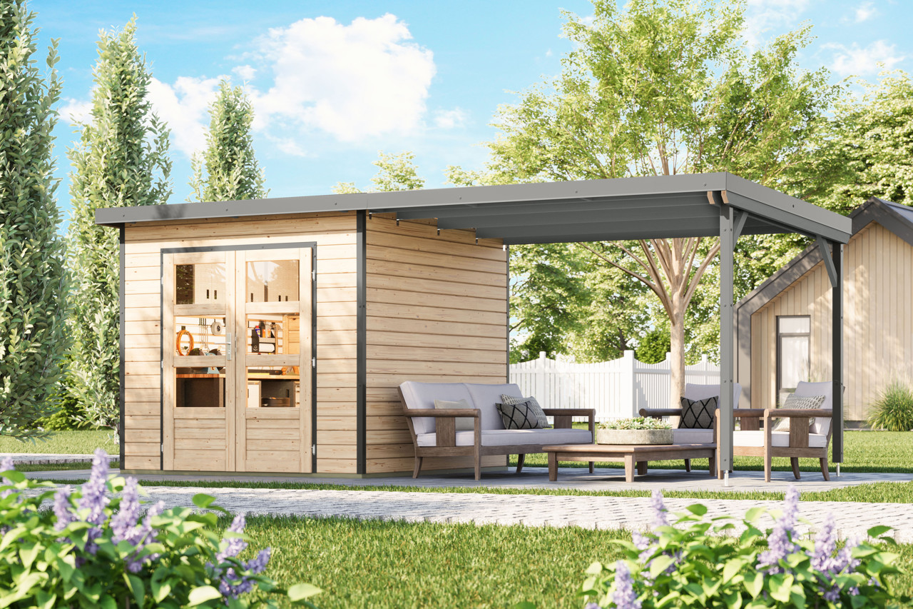 Karibu 28 mm Hybrid Gartenhaus Pluto 3 mit Anbaudach